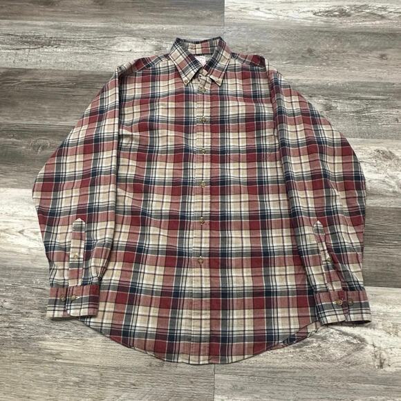 Brooks Brothers Red Cream Tartan Plaid Men M Madison Long Sleeve Button Up Shirt - Picture 1 of 9